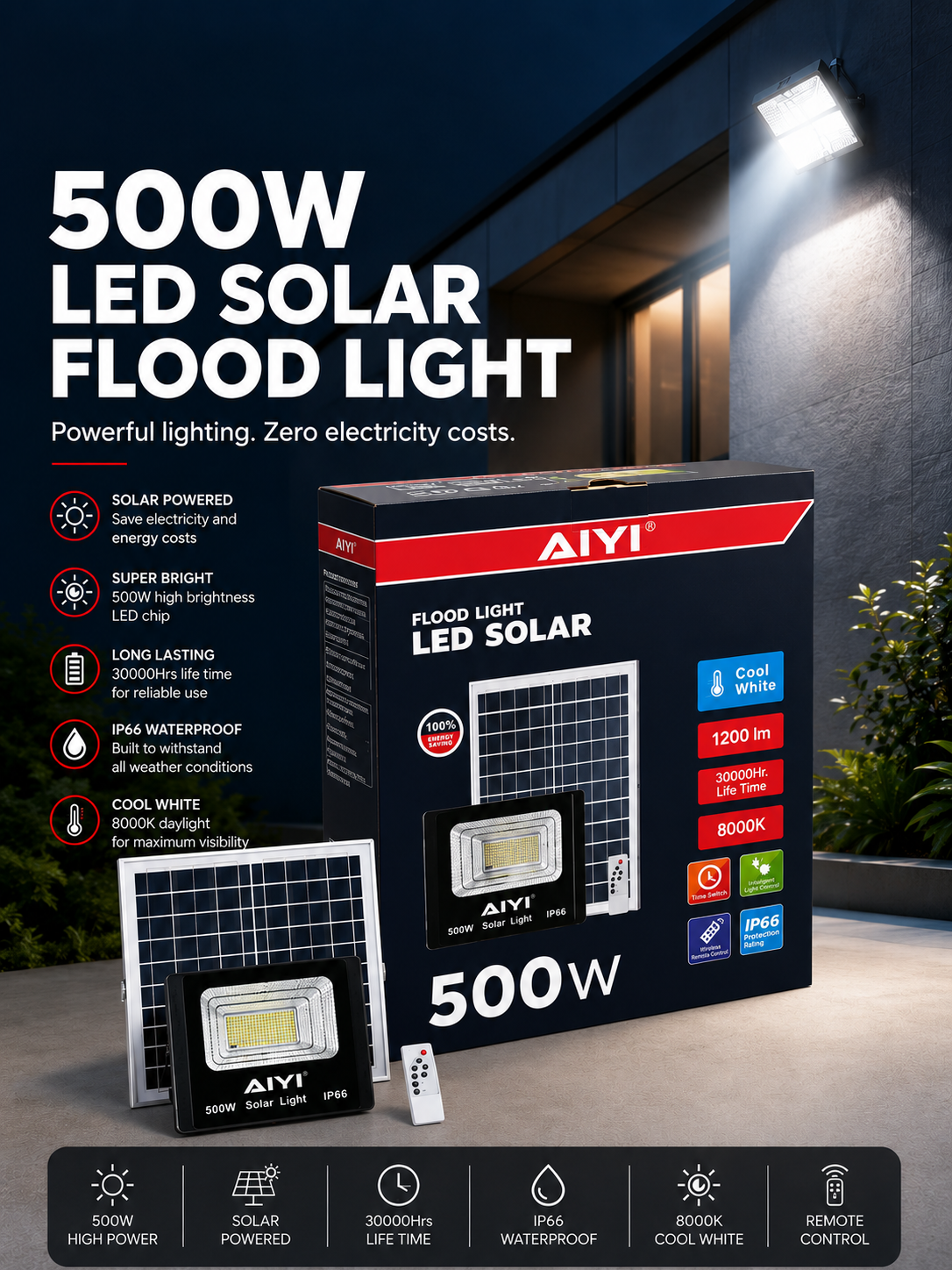 500W
LED SOLAR FLOOD LIGHT